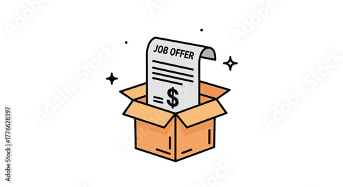 Isometric job offer concept in open box with dollar symbol and stars