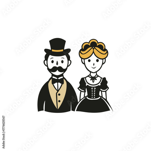 Victorian couple illustration with top hat and formal dress