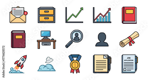 Pixel art business icons set featuring graphs, documents, and office elements