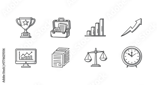 Business and success icons in linear style featuring trophy, graphs, and balance scales