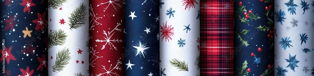 Obraz premium Festive seamless patterns for fabric featuring Christmas inspired designs including pine branches, snowflakes, and holly on vibrant backgrounds.