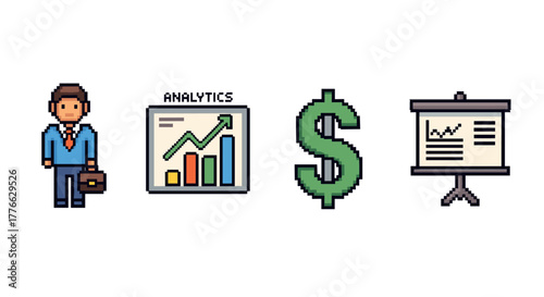 Retro 8bit business icons with analytics chart, dollar sign, and presentation board