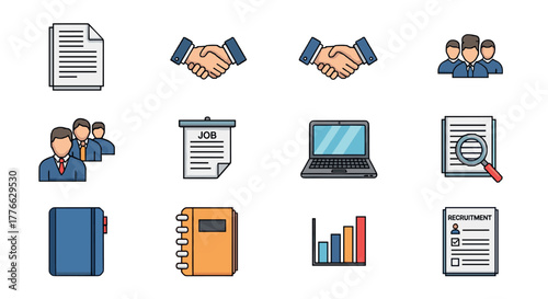 Business icons collection featuring documents, handshake, team, and technology in flat design