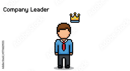 Pixel art business leader with crown symbolizing corporate success