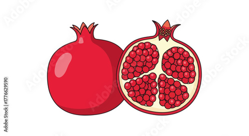 Vibrant pomegranate fruit whole and cut open showing juicy seeds.