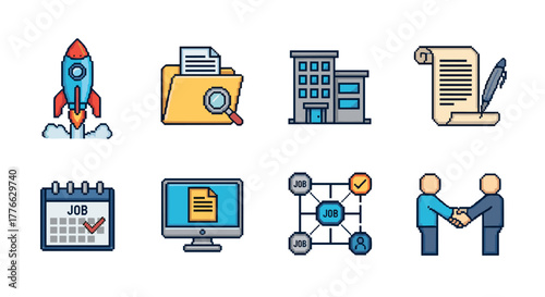 Pixel art icons business and office essentials collection