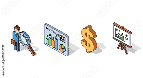 Isometric business analysis icons with analytics and financial growth symbols