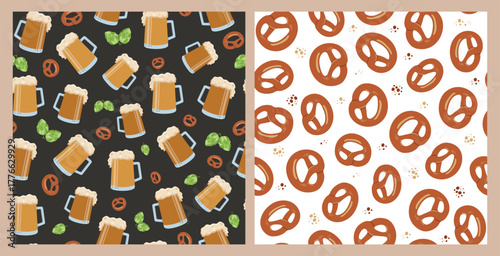 Beer mug, hop cones, snacks. Seamless pattern set. Food and drink. Beer Day, festival, holiday. Bretzel, pretzel, pastry. Repeating vector background.