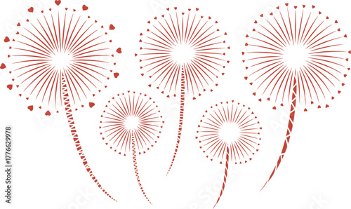 Elegant Festive Firework Displays Scattered Hearts Vector Illustration