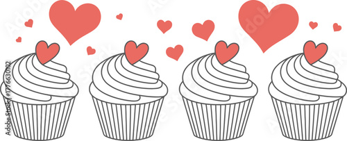 Elegant Four Cupcakes Heart Toppers Floating Vector Illustration