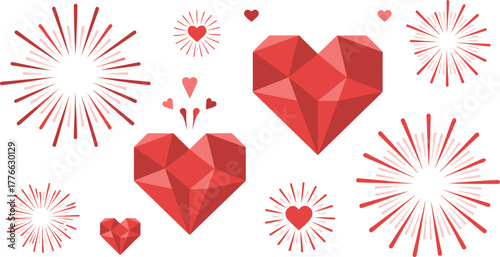 Elegant Geometric Hearts Fireworks Display Vector Illustration