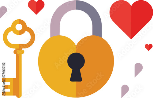Elegant Golden Heart Shaped Padlock Key Red Vector Illustration