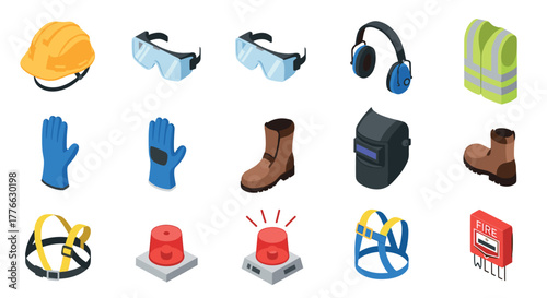 Essential safety equipment icons for construction and industrial work in isometric style