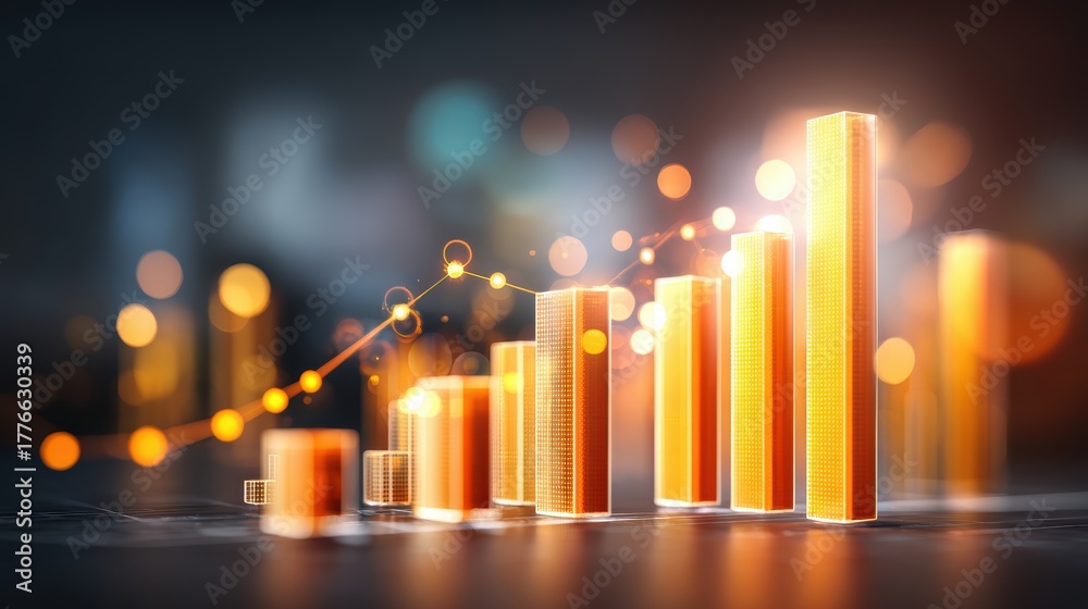 Fototapeta premium Glowing Abstract Bar Chart in Warm Neon Afterglow over Dark Cityscape Futuristic Finance Vibe