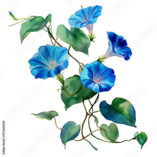 Watercolor morning glory vine with blue flowers, isolated on a white background, clear edges, botanical clipart style.
