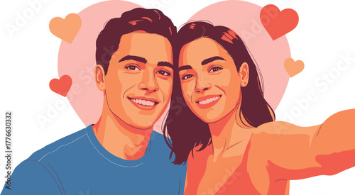 Elegant Happy Couple Taking Selfie Together Vector Illustration