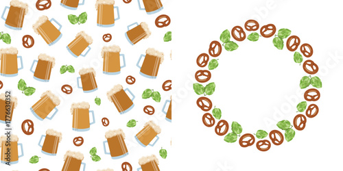 A mug of beer, traditional food and drinks, hop cones, snacks. Seamless pattern, frame banner with space for text. Beer Day, festival, holiday. Bretzel, pretzel, pastry. Repeating background.
