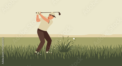 Illustration of a male golfer in a cap and polo shirt hitting a golf ball out of the rough on a course.