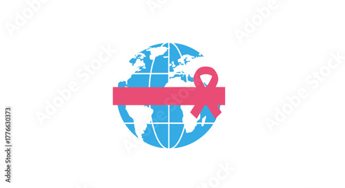 A pink ribbon symbolizing awareness is wrapped around a blue globe, representing a global health initiative.
