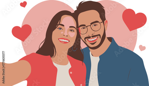Elegant Happy Young Couple Taking Selfie Heart Vector Illustration