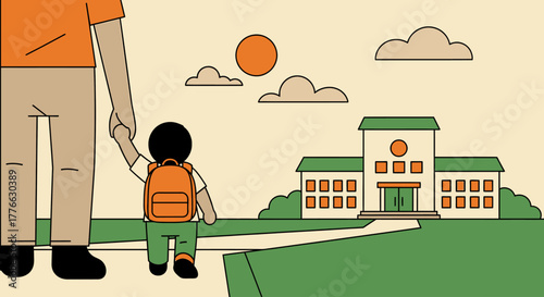 A parent holding a child's hand, walking towards a school building on a sunny day, symbolizing the first day of school.