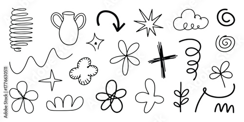 Black and White Hand Drawn Doodle Elements Including Arrows Flowers Clouds and Swirls Keywords: doodle, hand drawn, black, white, isolated