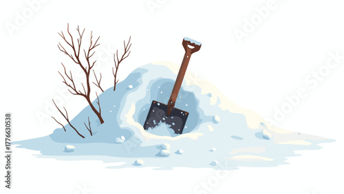 Shovel stuck in snowbank near dry bush surrounded by white snow and cold winter light