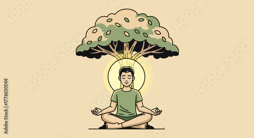 An illustrated man meditates peacefully in the lotus position under a large tree, a glowing halo of enlightenment around his head.