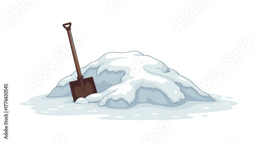 Shovel stuck in snowbank with wooden handle leaning on icy pile of snow under winter sunlight