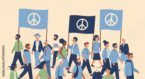 A diverse group of people marching together holding flags with peace symbols, advocating for peace and unity.