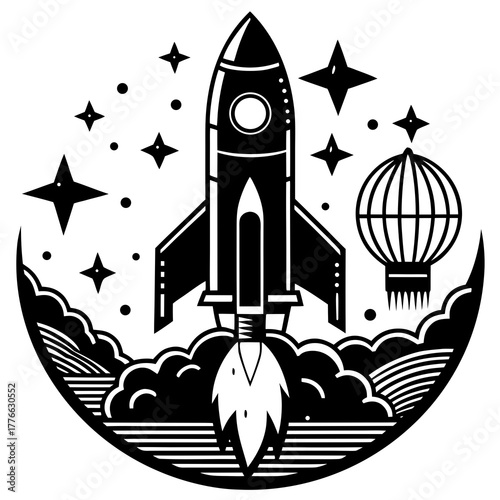 Retro space rocket launching into starry cosmos with other spacecraft and launchpad silhouette isolated on white background