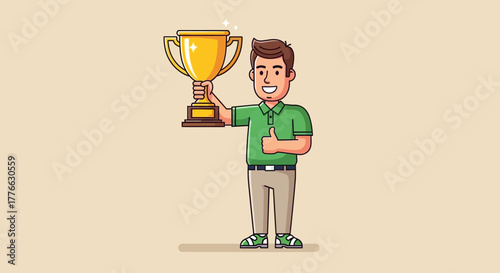 Man holding a golden trophy and giving a thumbs up.