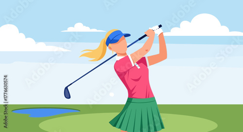 A woman in athletic attire swings a golf club on a sunny day at a golf course.
