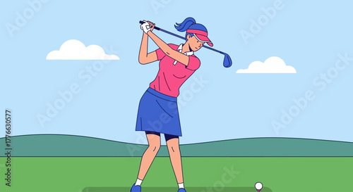 Woman in pink shirt and blue skirt swinging a golf club on a sunny day.