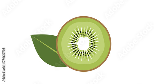 Fresh Kiwi Fruit Slice with Green Leaf on White Background.