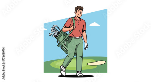 A golfer in a red shirt and green pants carries his golf bag over his shoulder on a golf course.