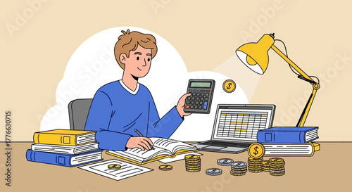 Young man at a desk with a laptop and books, calculating expenses and managing his personal budget.