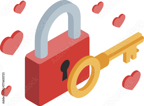Elegant Love Lock Key Isometric View Padlock Vector Illustration