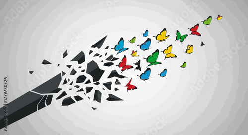 A shattering black pencil tip releases a flight of colorful butterflies, symbolizing creativity, imagination, and freedom.