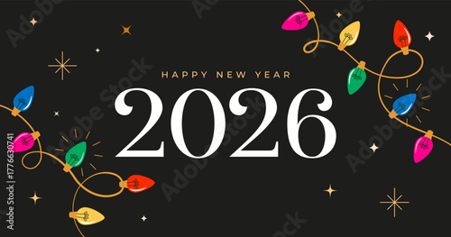 Christmas background with colorful Christmas lights. Happy New Year 2026 and Merry Christmas card, banner and poster design.