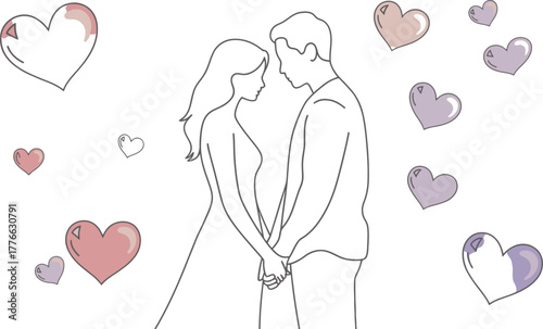 Elegant Outline Drawing Couple Holding Hands Vector Illustration