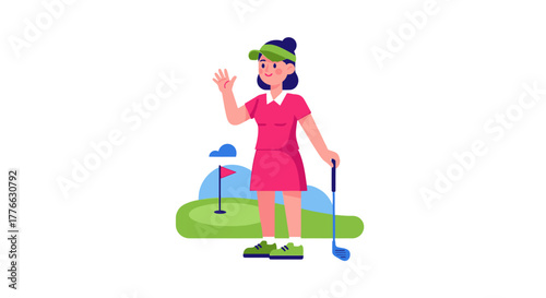 A cheerful female golfer in a pink dress and green visor waves while holding a club on the course.