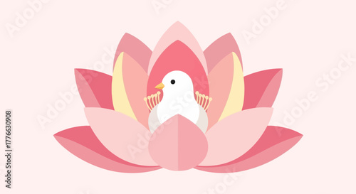 A serene white dove nestled within a beautiful pink lotus flower, depicted in a flat, illustrative style on a soft pink background.