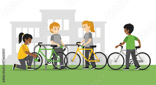 Group of children interacting with bicycles parked in front of a building.