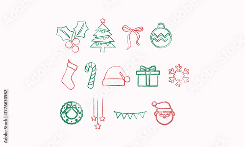 Hand Drawn Christmas Elements Set — Line Sketch Holiday Vector with Tree, Gifts, Candy Cane, and  Bows