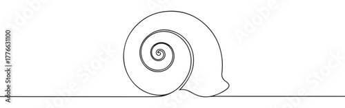 A continuous line art depiction of a snail shell, showcasing its distinctive spiral form found in nature, isolated on a white background.