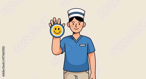 A friendly male nurse in blue scrubs and a white cap holds up a yellow smiley face badge, symbolizing care and positivity.