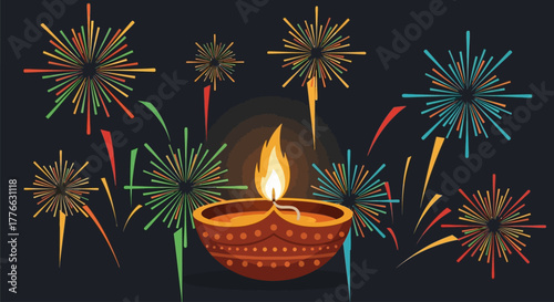 A traditional Indian diya lamp is lit amidst a vibrant display of colorful fireworks against a dark background, celebrating a festive occasion.