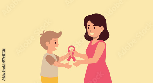 Illustration of a woman giving a red ribbon to a child, symbolizing AIDS awareness.