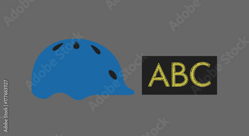 Simple graphic illustration of a blue sports helmet next to a black patch with yellow ABC letters on a gray background.